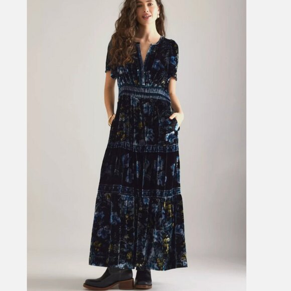 Anthropologie Dresses & Skirts - Anthropologie The Somerset Velvet Edition Maxi Dress M NWT Blue Floral Medium